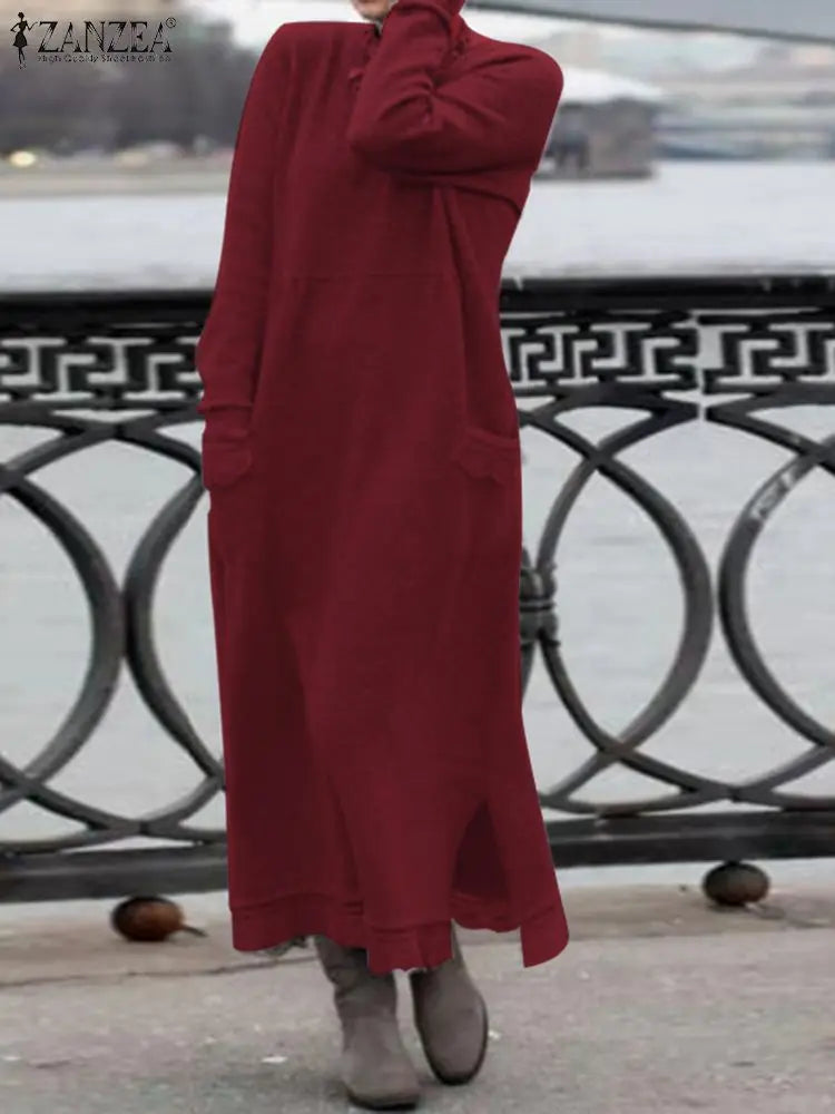 ZANZEA-Robe sweat-shirt à manches longues et col rond pour femme, pull au crochet en dentelle, robe d'été, sweats à capuche monochromes, robe éducative, sourire, hiver, automne