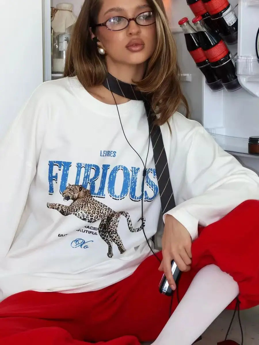 T-shirt Oversize Imprimé Léopard Féroce Femme Manches Longues Style Rétro Américain Décontracté Col Rond Streetwear 2026