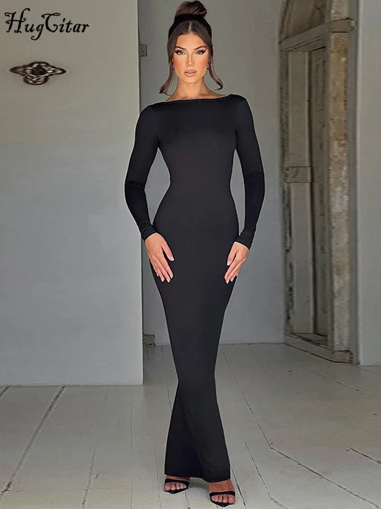 Hugcitar printemps élégant à manches longues dos nu solide froncé Sexy moulante Maxi robe de bal femmes tenue soirée Festival Y2K