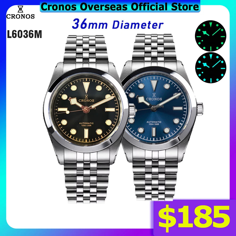 Montre mécanique pour homme Cronos BB36, 36 mm, automatique, verre saphir PT5000, bracelet brossé, 5 maillons solides, 10 ATM, L6036M