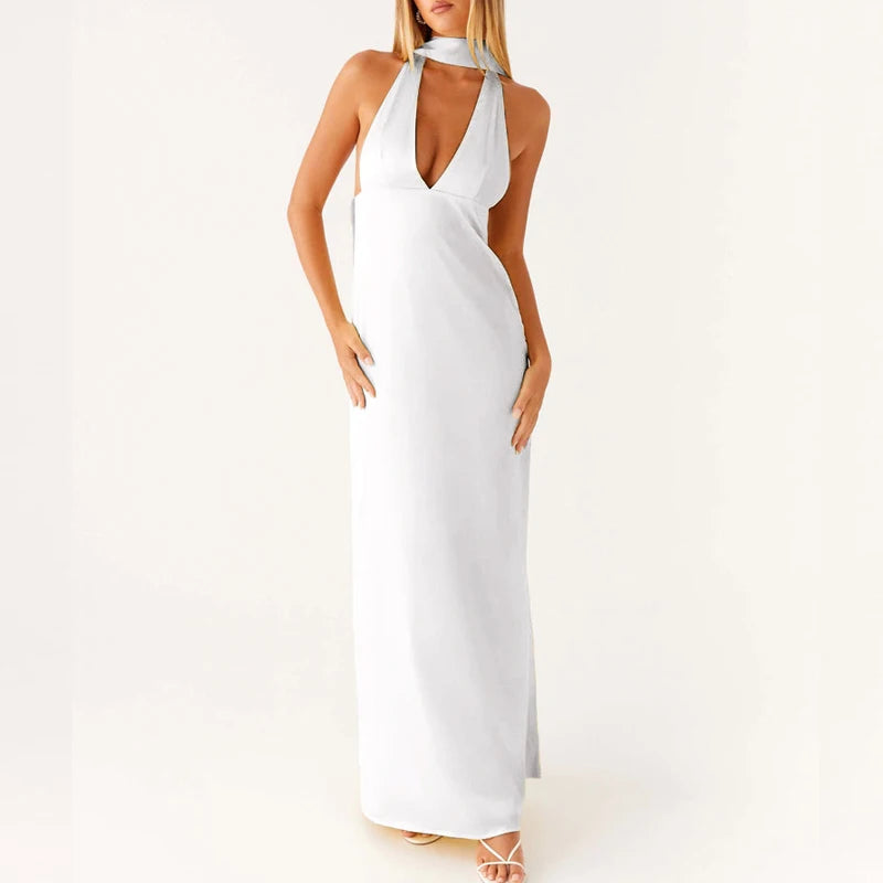 Maemukilabe Robe longue sexy sans manches, coupe basse, imprimée, style Boho, col licou, coupe cintrée, fluide, dos nu, floral, vêtements de plage d'été