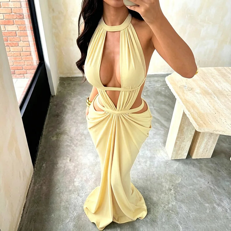 Robe longue de soirée élégante kaki, style licou, à découpes, drapée, dos très ouvert, sans taille, sans manches, pour soirée et bal de promo
