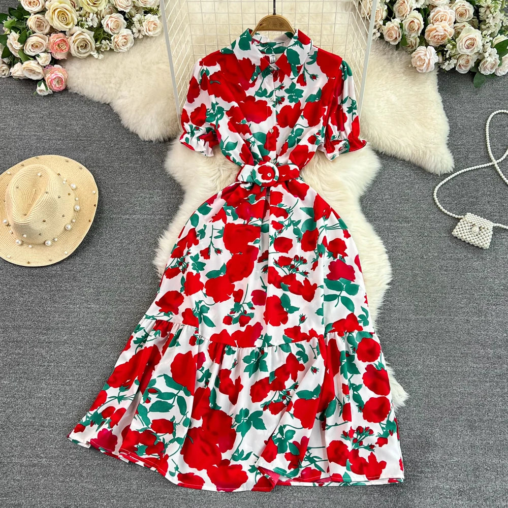 Robe midi rétro à col bulle, coupe ajustée, imprimé floral, manches courtes, style coréen, taille haute, pour femme, idéale pour le quotidien