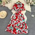 Robe midi rétro à col bulle, coupe ajustée, imprimé floral, manches courtes, style coréen, taille haute, pour femme, idéale pour le quotidien