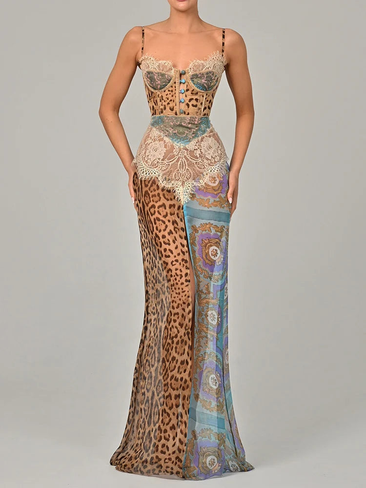 Mozision imprimé léopard dentelle fendu Sexy robe Maxi femmes robe élégante Patchwork en mousseline de soie sans manches dos nu plage robe de soirée