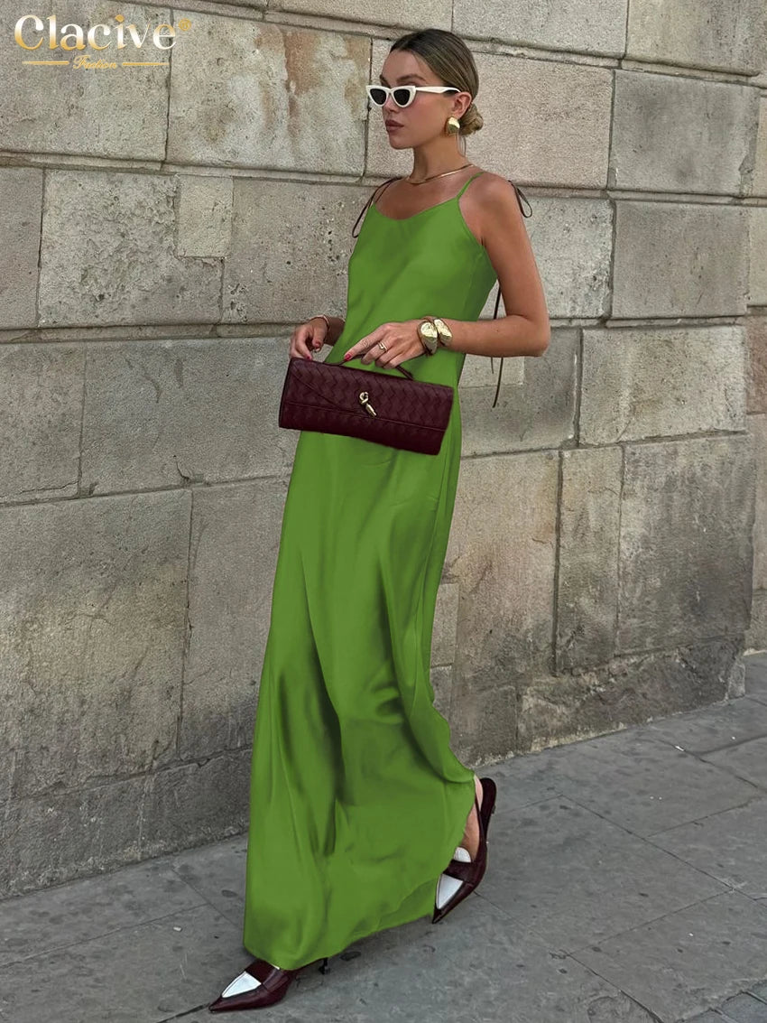 ClacMarkets-Robe en satin marron pour femme, bretelles, longueur au sol, sexy, dos nu, été 2025