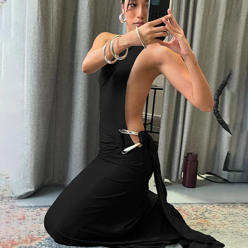 DSMTRC – Robe longue à bandes, asymétrique épaule dénudée, couleur unie, Sexy, pour femmes, fête d'été, sans manches, dos nu, anneaux métalliques