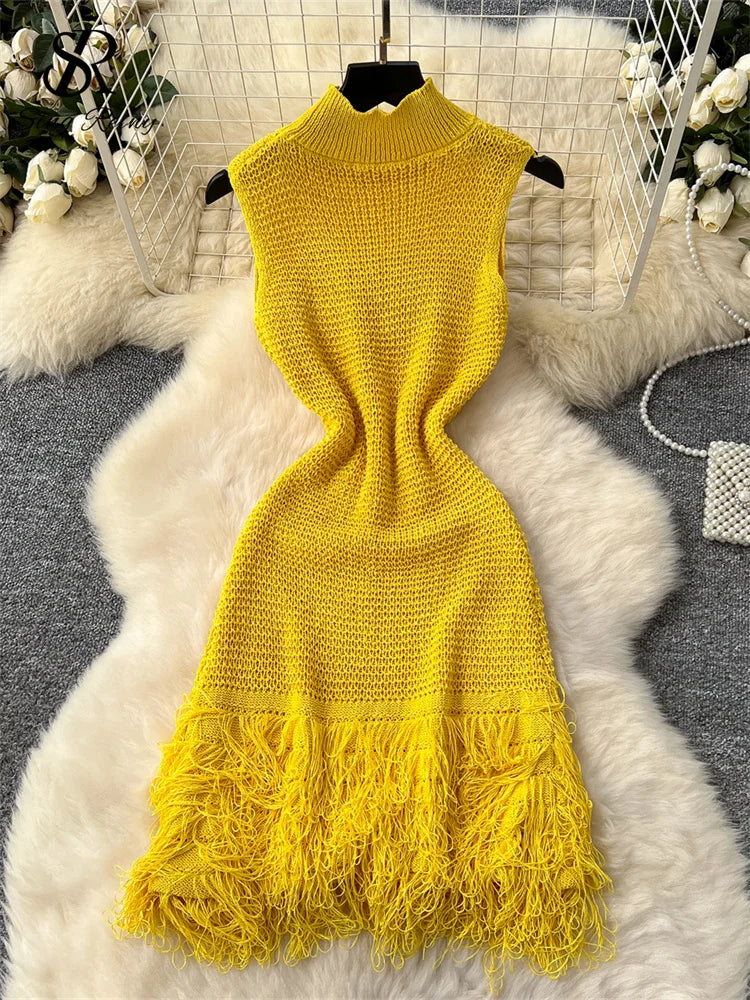 SINGREINY américain Hotsweet robe moulante sans manches Design en fourrure 2025 été Style Simple femmes vacances tricot longue robe