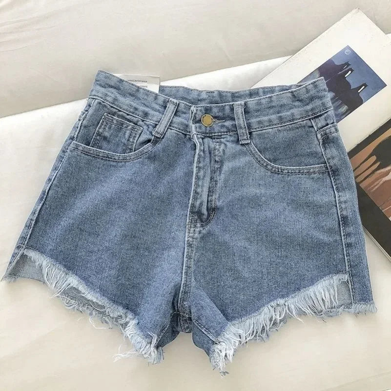 2025 nouveau été femmes haute Wiast ourlet brut Denim Shorts solide blanc noir bleu coréen jambe large pantalon Mon Shorts Jean Shorts