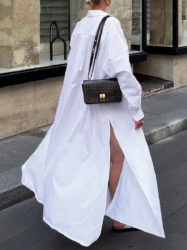 Krisstargirls blanc Maxi robes pour femmes 2025 printemps été vêtements fendu côté femme Simple décontracté boutonné longue chemise robe