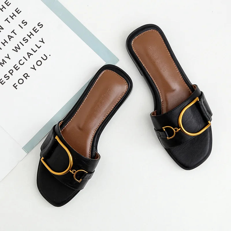 Pantoufles Plates d'Été en Cuir pour Femme, Sandales Carrées, Tongs de Styliste, Chaussures de Luxe