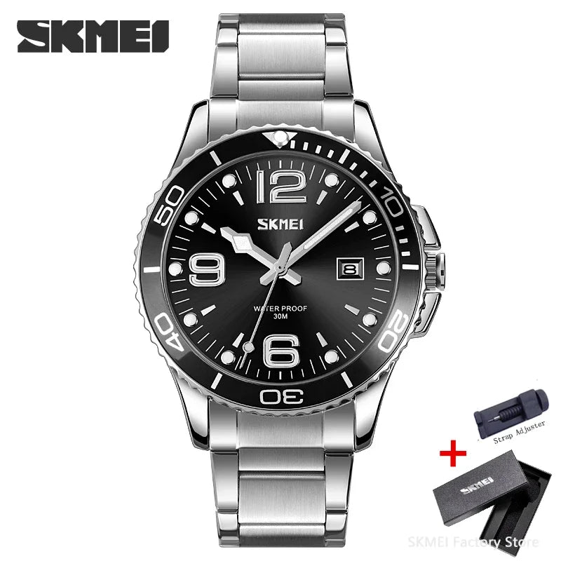 SKMEI 9278 luxe en acier inoxydable heure semaine Date horloge montre à Quartz pour hommes Sport étanche montres hommes Reloj Hombre