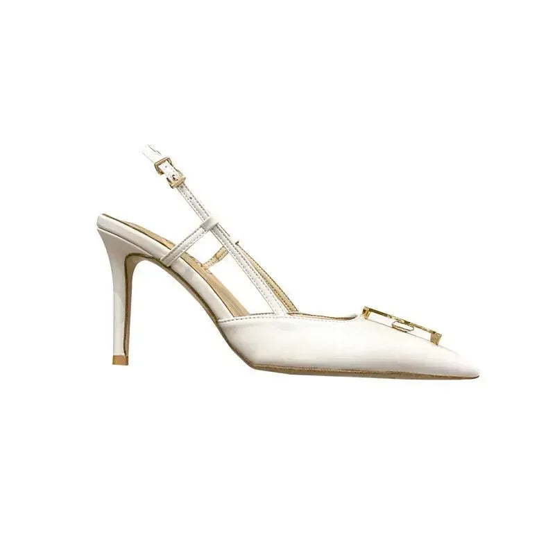 Baotou – sandales à talons aiguilles blanches élégantes pour femmes, sandales d'été à la mode avec boucle en métal, Design à dos pointu, nouvelles chaussures pour dames 2025
