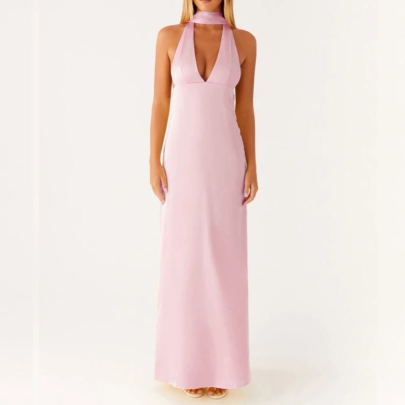 Maemukilabe Robe longue sexy sans manches, coupe basse, imprimée, style Boho, col licou, coupe cintrée, fluide, dos nu, floral, vêtements de plage d'été