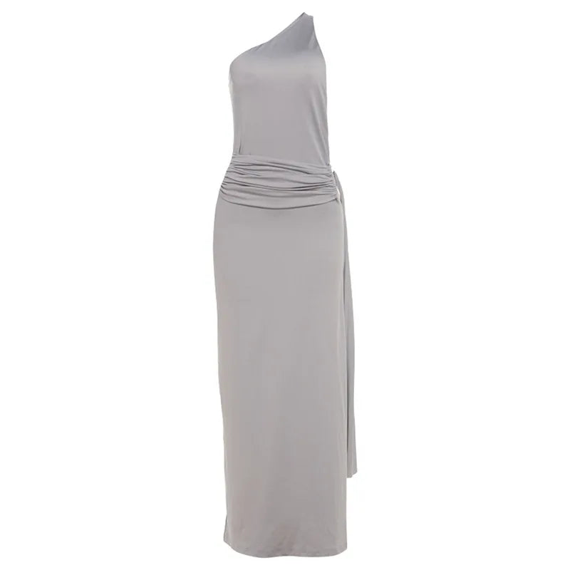 DSMTRC – Robe longue à bandes, asymétrique épaule dénudée, couleur unie, Sexy, pour femmes, fête d'été, sans manches, dos nu, anneaux métalliques