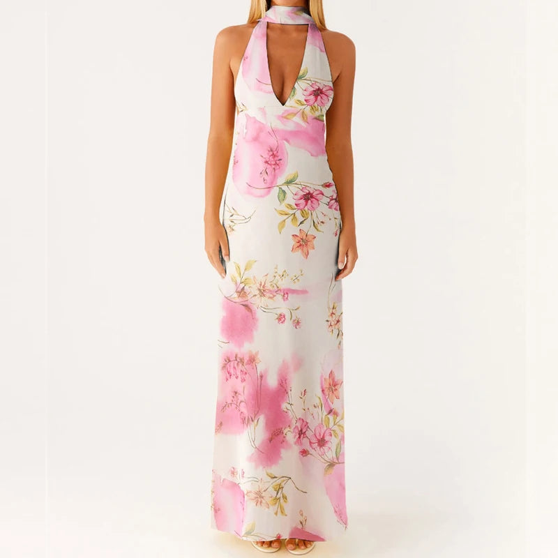 Maemukilabe Robe longue sexy sans manches, coupe basse, imprimée, style Boho, col licou, coupe cintrée, fluide, dos nu, floral, vêtements de plage d'été