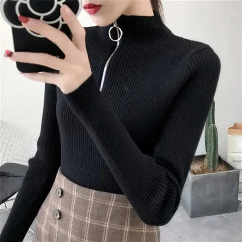 Tricoté femmes fermeture éclair demi col haut Pull pulls automne hiver basique femmes chandails mince solide tricots Pull Femme hauts