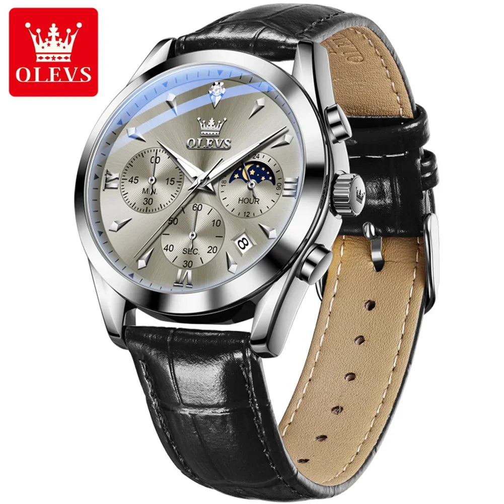 OLEVS 3609 Original Phase de lune chronographe montre pour hommes en cuir étanche lumineux luxe Quartz hommes montres Reloj Mujer