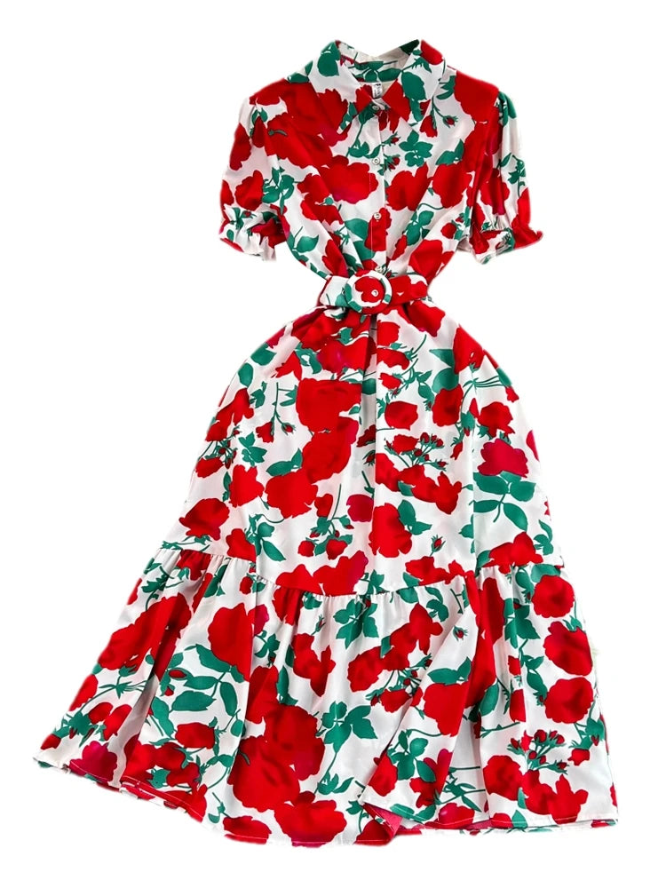 Robe midi rétro à col bulle, coupe ajustée, imprimé floral, manches courtes, style coréen, taille haute, pour femme, idéale pour le quotidien