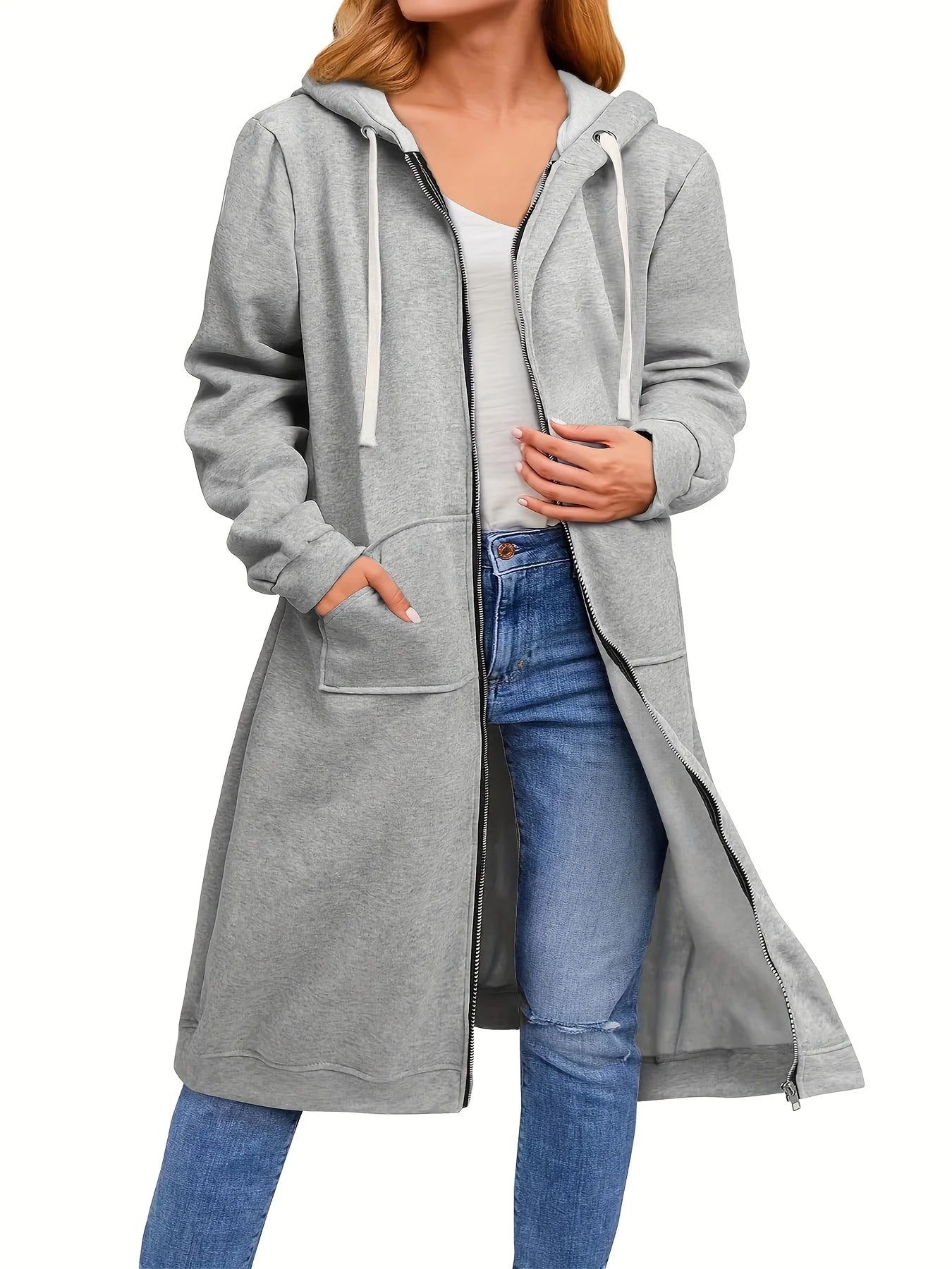Sweat à capuche grande taille pour femmes, décontracté, fermeture éclair complète, confortable, longs, à la mode, avec poches