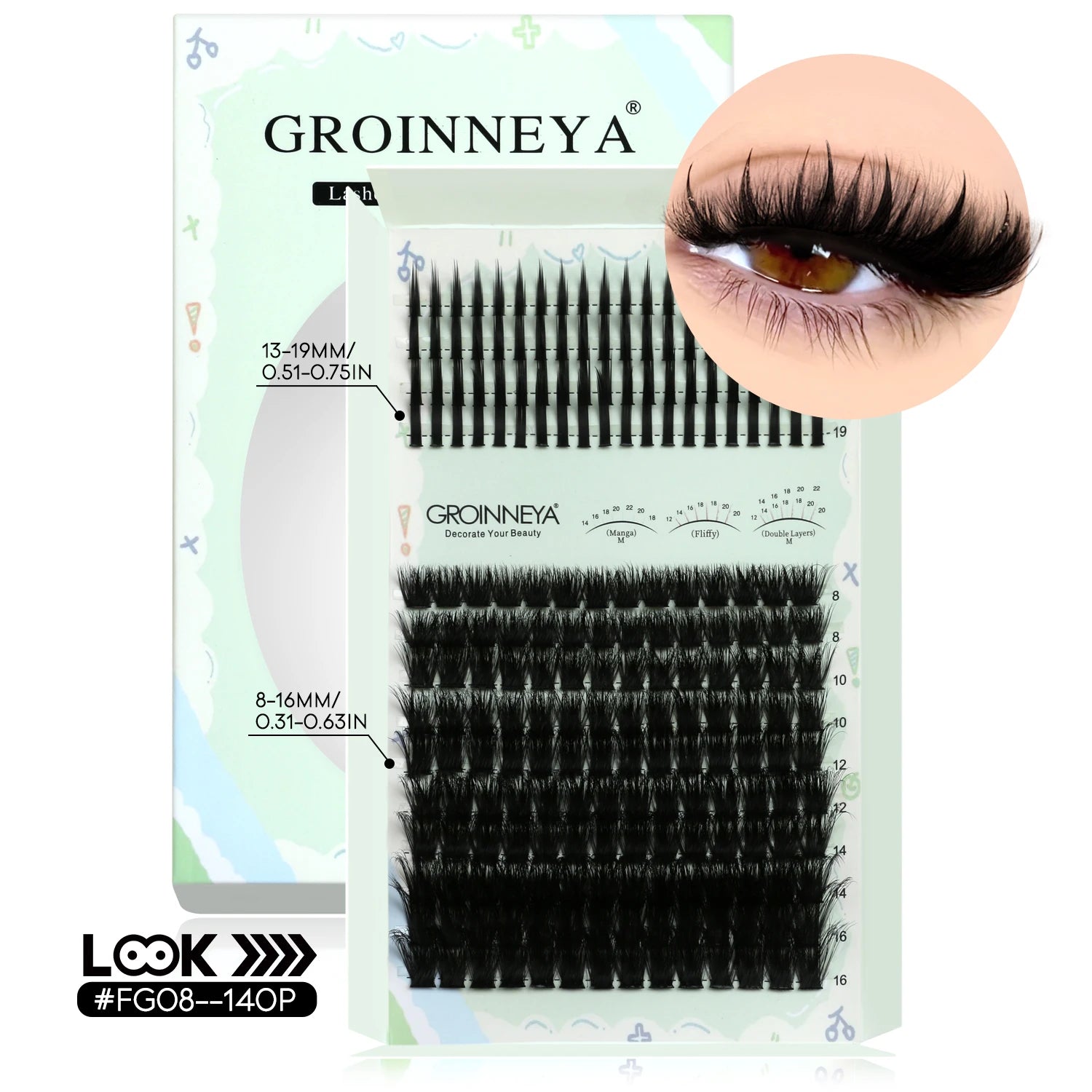 GROINNEYA Kit de grappes de cils pointes cils individuels grappes de cils Kit de grappes de cils D-curly avec maquillage de liaison et de joint