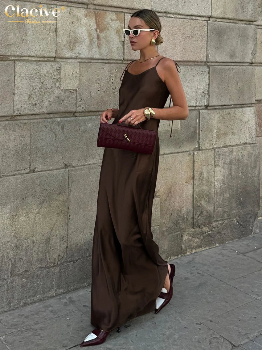 ClacMarkets-Robe en satin marron pour femme, bretelles, longueur au sol, sexy, dos nu, été 2025