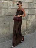 ClacMarkets-Robe en satin marron pour femme, bretelles, longueur au sol, sexy, dos nu, été 2025