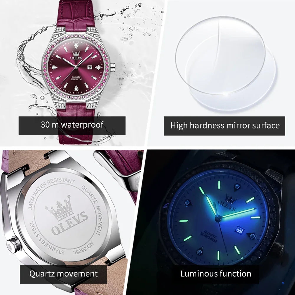 OLEVS 5606 montres de luxe pour femmes diamant tour bracelet en cuir étanche lumineux dames montre-bracelet montre à Quartz pour les femmes Relogio