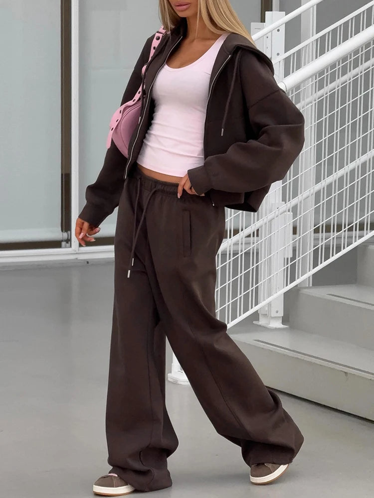 Ensemble de survêtement pour femmes, sweat-shirt à capuche et pantalon, ensemble deux pièces, sweat-shirt décontracté à fermeture éclair, pantalon de sport uni avec cordon de serrage, ensembles de sport