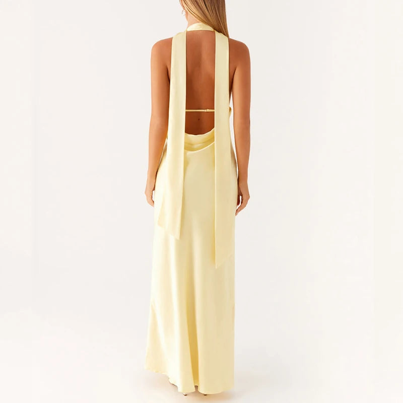 Maemukilabe Robe longue sexy sans manches, coupe basse, imprimée, style Boho, col licou, coupe cintrée, fluide, dos nu, floral, vêtements de plage d'été