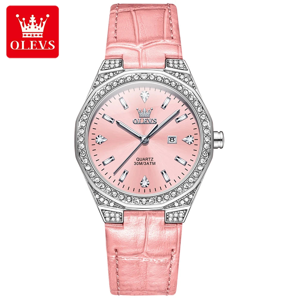 OLEVS 5606 montres de luxe pour femmes diamant tour bracelet en cuir étanche lumineux dames montre-bracelet montre à Quartz pour les femmes Relogio