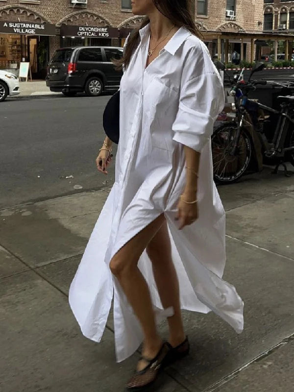 Krisstargirls blanc Maxi robes pour femmes 2025 printemps été vêtements fendu côté femme Simple décontracté boutonné longue chemise robe