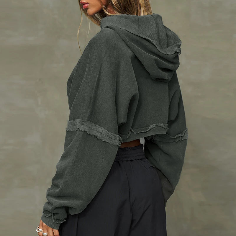 Sweat-shirt à capuche en coton pour femmes, couleur unie, rétro, court, haut court, veste à capuche, sport Cool, fermeture éclair, manches longues, Streetwear