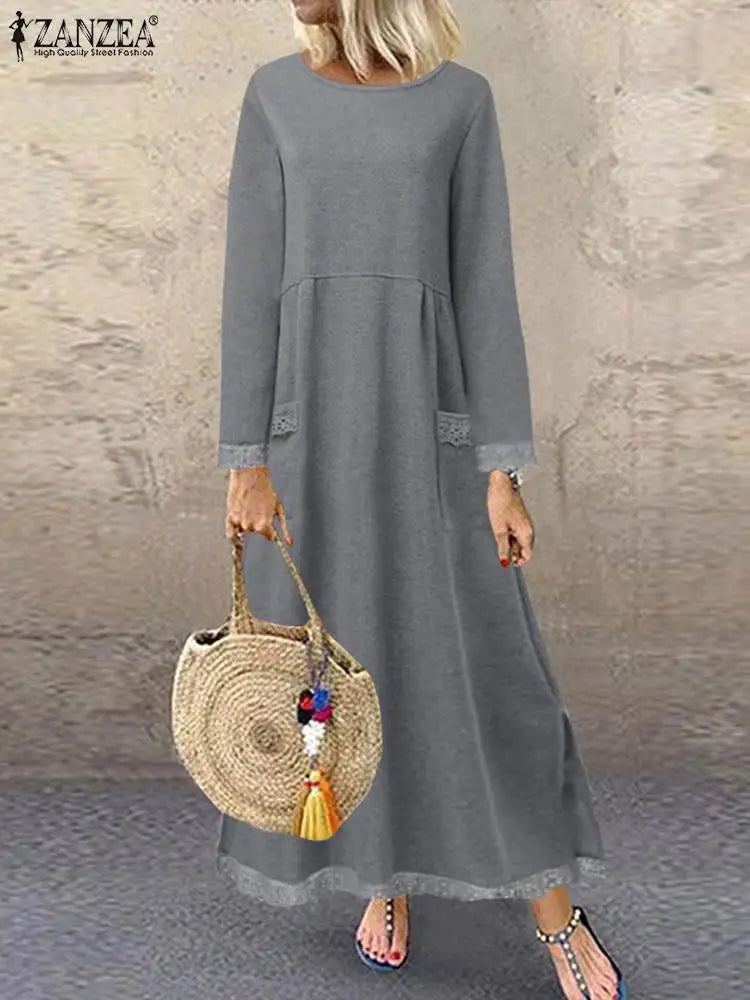 ZANZEA-Robe sweat-shirt à manches longues et col rond pour femme, pull au crochet en dentelle, robe d'été, sweats à capuche monochromes, robe éducative, sourire, hiver, automne