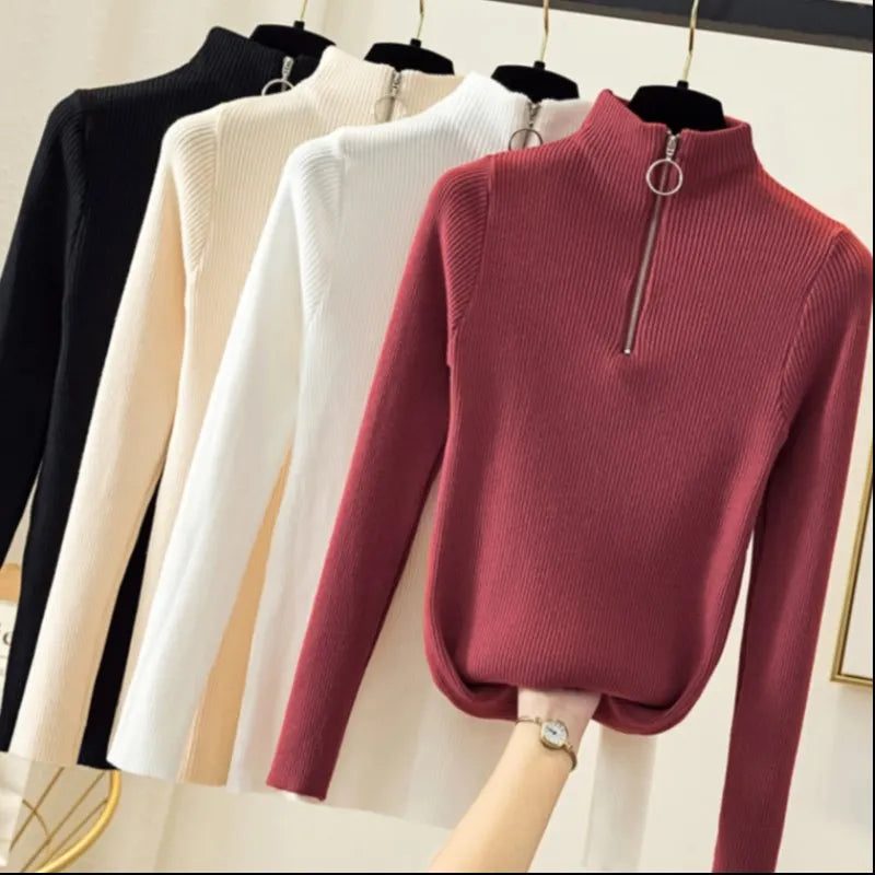 Tricoté femmes fermeture éclair demi col haut Pull pulls automne hiver basique femmes chandails mince solide tricots Pull Femme hauts