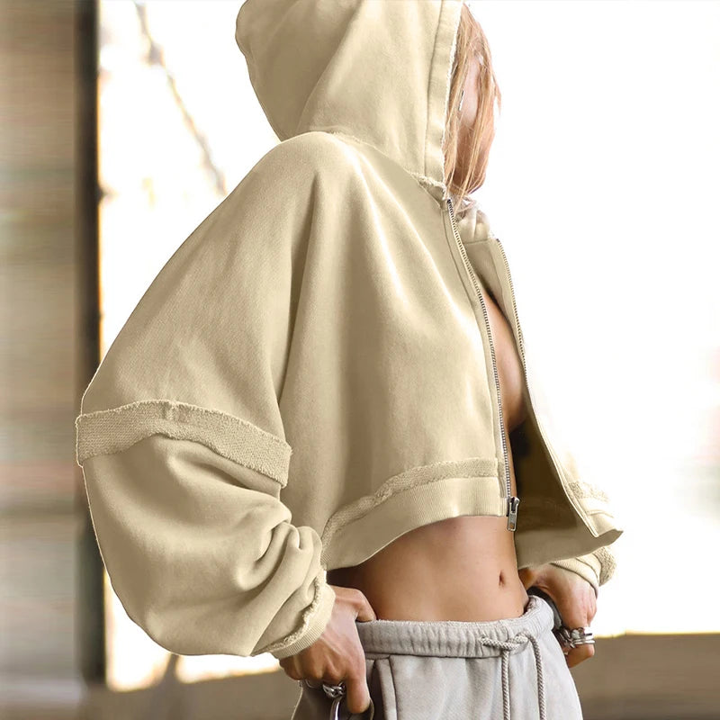 Sweat-shirt à capuche en coton pour femmes, couleur unie, rétro, court, haut court, veste à capuche, sport Cool, fermeture éclair, manches longues, Streetwear