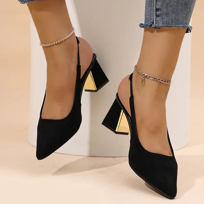 Escarpins à talons épais et bout pointu pour femmes, chaussures habillées noires, lanière arrière, sandales à talons hauts, nouvelle collection été 2025