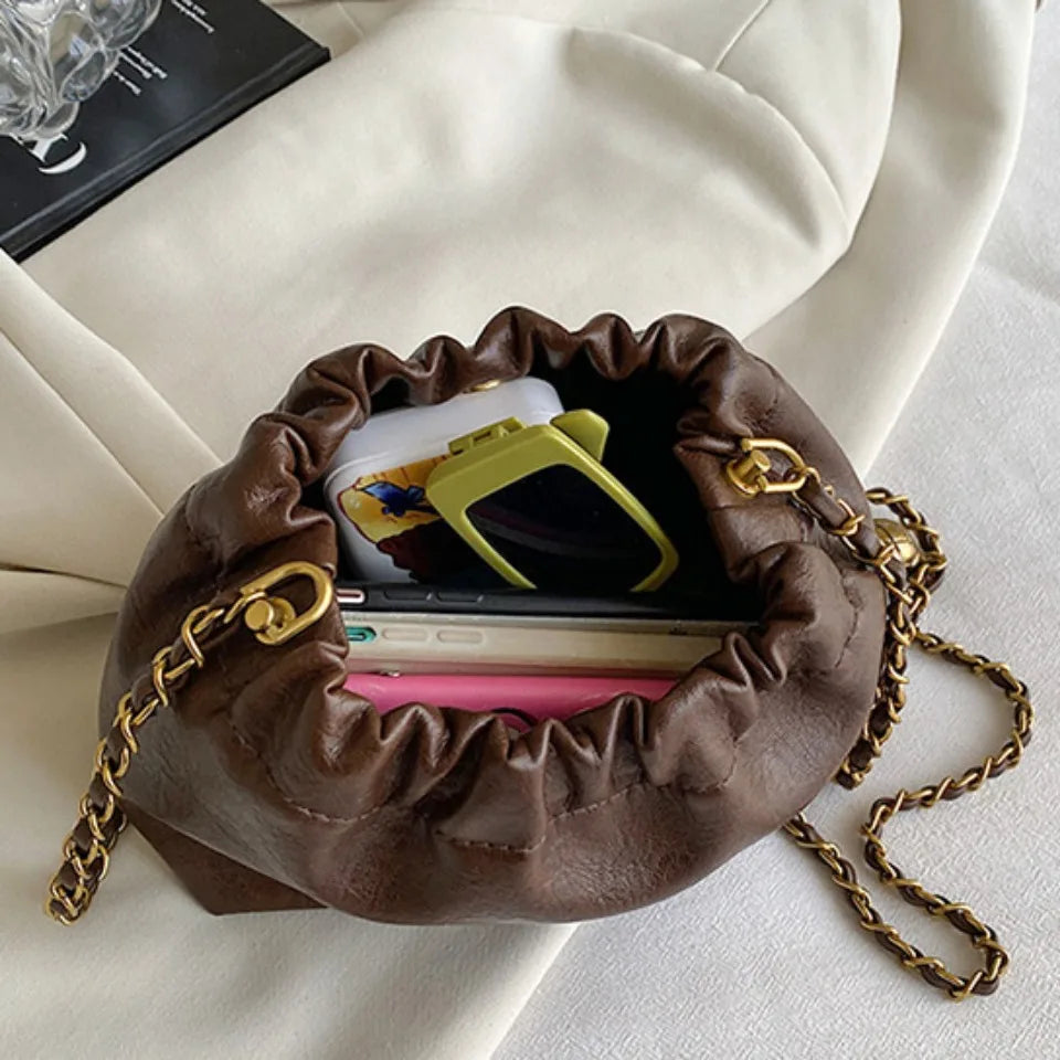 Sac à bandoulière en cuir PU pour femmes, sac à bandoulière avec chaîne, sac à main décontracté plissé en vagabonds, sac à main à la mode pour femmes