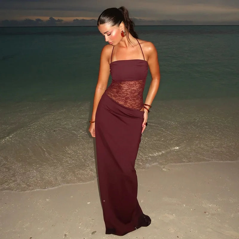Robe Maxi élégante en dentelle découpée pour femmes, Sexy, bretelles Spaghetti, Patchwork, robe de soirée, dos nu, été, 2025
