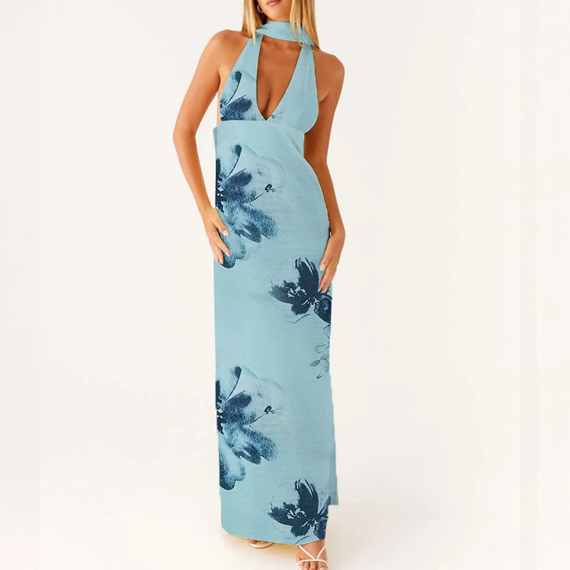 Maemukilabe Robe longue sexy sans manches, coupe basse, imprimée, style Boho, col licou, coupe cintrée, fluide, dos nu, floral, vêtements de plage d'été