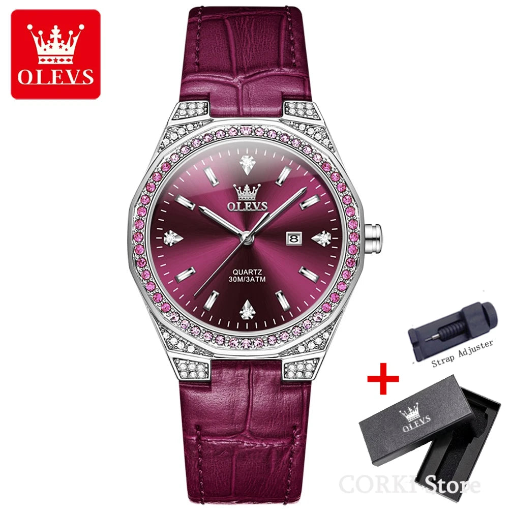 OLEVS 5606 montres de luxe pour femmes diamant tour bracelet en cuir étanche lumineux dames montre-bracelet montre à Quartz pour les femmes Relogio