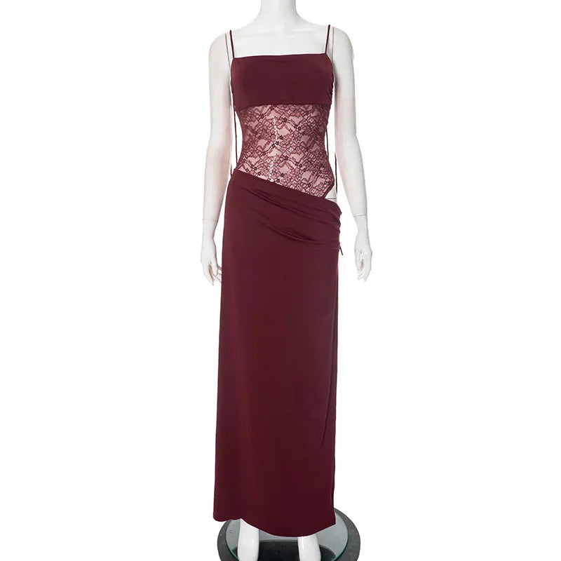 Robe Maxi élégante en dentelle découpée pour femmes, Sexy, bretelles Spaghetti, Patchwork, robe de soirée, dos nu, été, 2025