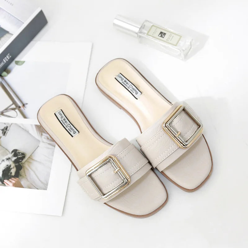 Pantoufles Plates d'Été en Cuir pour Femme, Sandales Carrées, Tongs de Styliste, Chaussures de Luxe