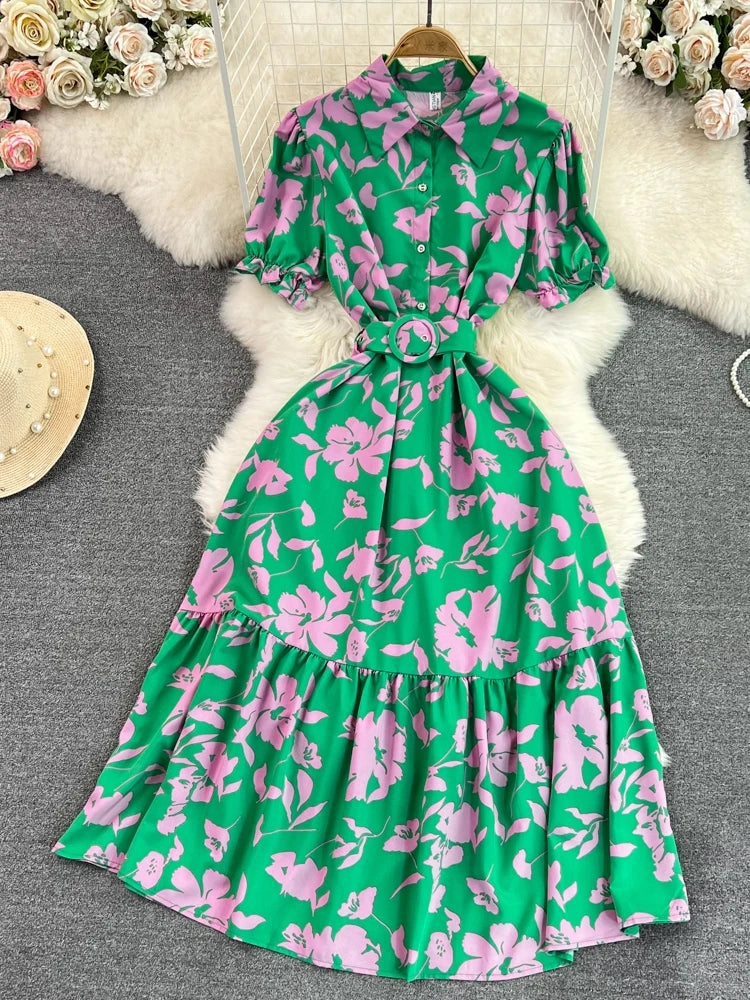 Robe midi rétro à col bulle, coupe ajustée, imprimé floral, manches courtes, style coréen, taille haute, pour femme, idéale pour le quotidien