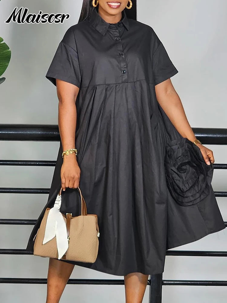 Mlaiscsr mode bureau 3D chemise florale Robe femmes à manches courtes revers épissé chemise plissée robes 2025 été Robe africaine