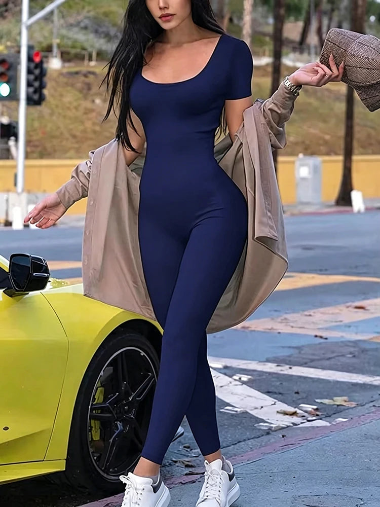 Barboteuse à manches courtes pour femmes, couleur unie, slim, batterie con, combinaisons, sport, fitness, décontracté, activité, streetwear, salopette