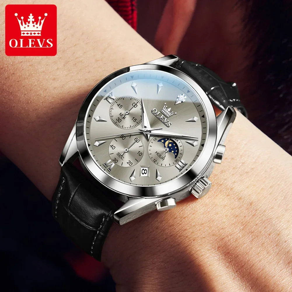 OLEVS 3609 Original Phase de lune chronographe montre pour hommes en cuir étanche lumineux luxe Quartz hommes montres Reloj Mujer