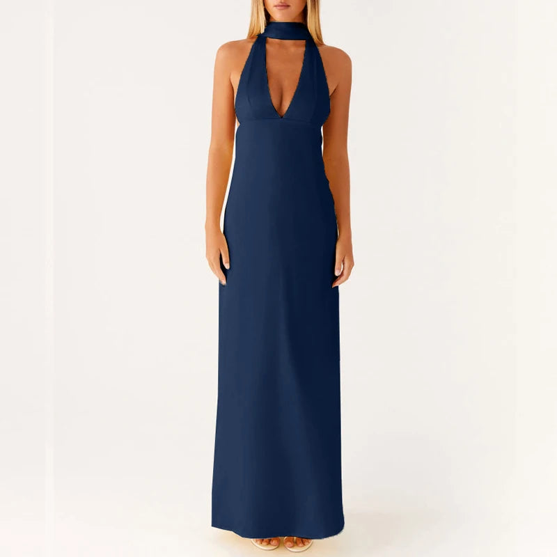 Maemukilabe Robe longue sexy sans manches, coupe basse, imprimée, style Boho, col licou, coupe cintrée, fluide, dos nu, floral, vêtements de plage d'été