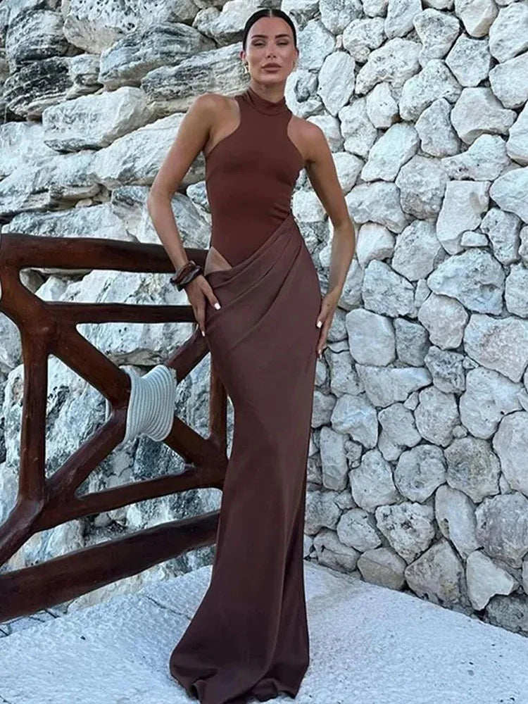 JULISSA MO Satin Sexy évider femmes robe Maxi noir sans manches taille haute robe femme automne maigre élégant fête Clubwear