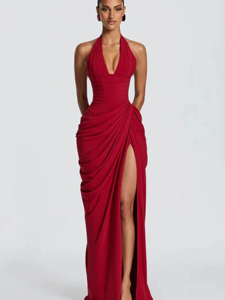 Robe longue plissée unie sexy pour femme, style licou, sans manches, dos nu, cintrée à la taille, fendue, pour soirées d'été 2026